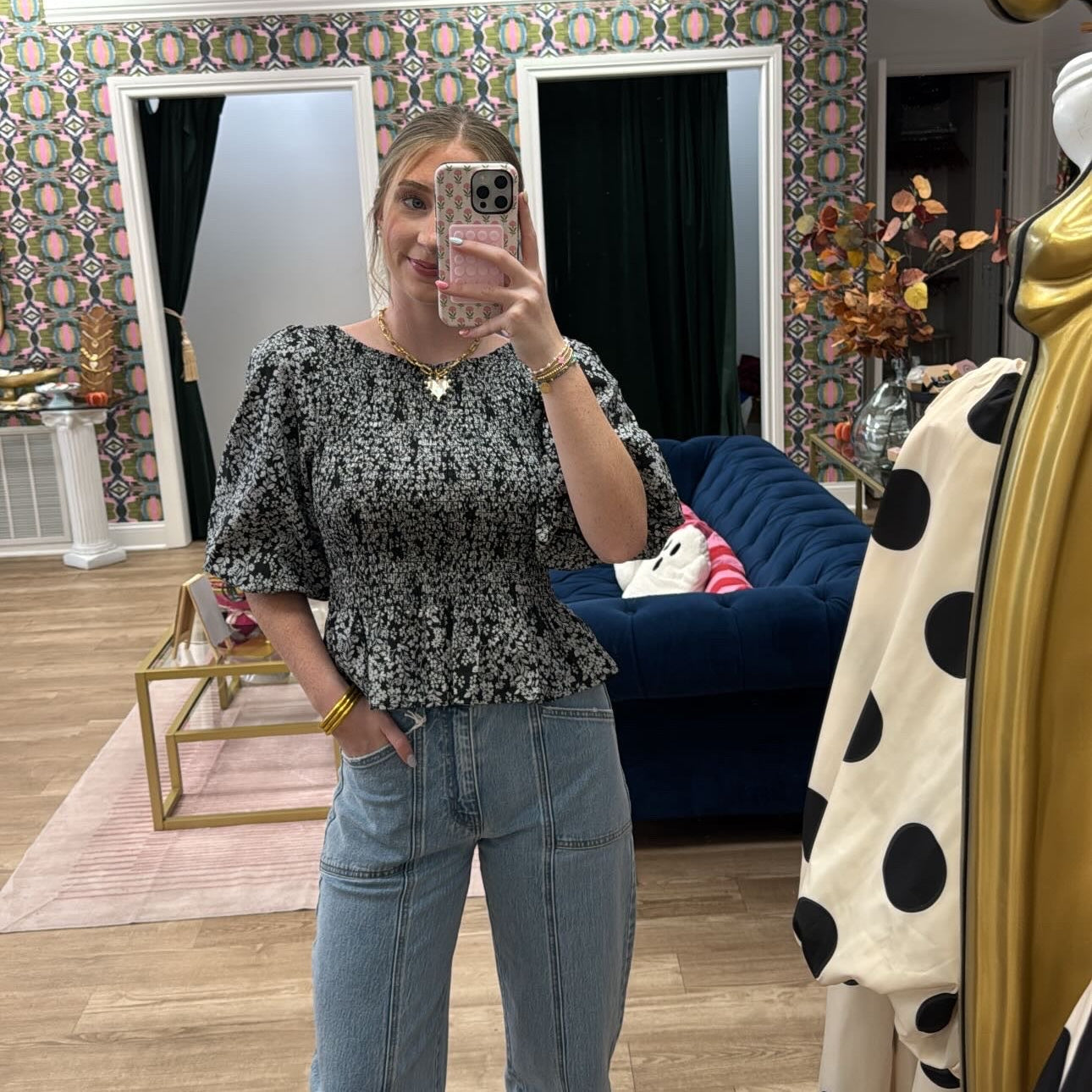 FLORAL BALLOON SMOCKED TOP