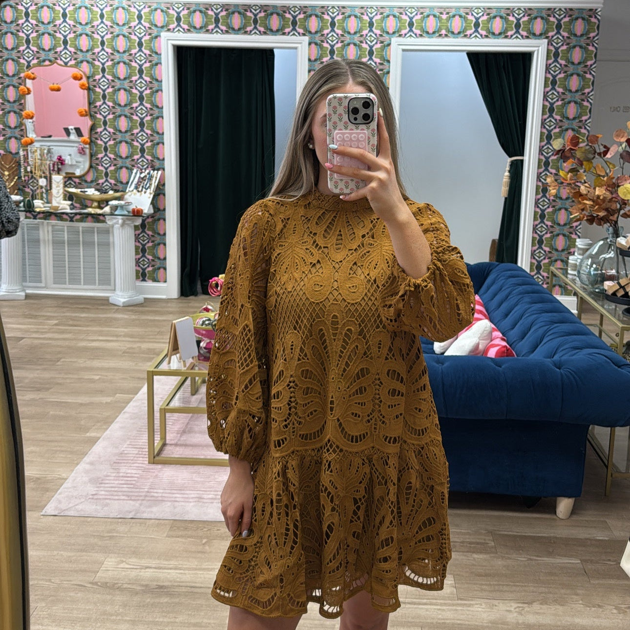 CAMEL LACE MINI DRESS