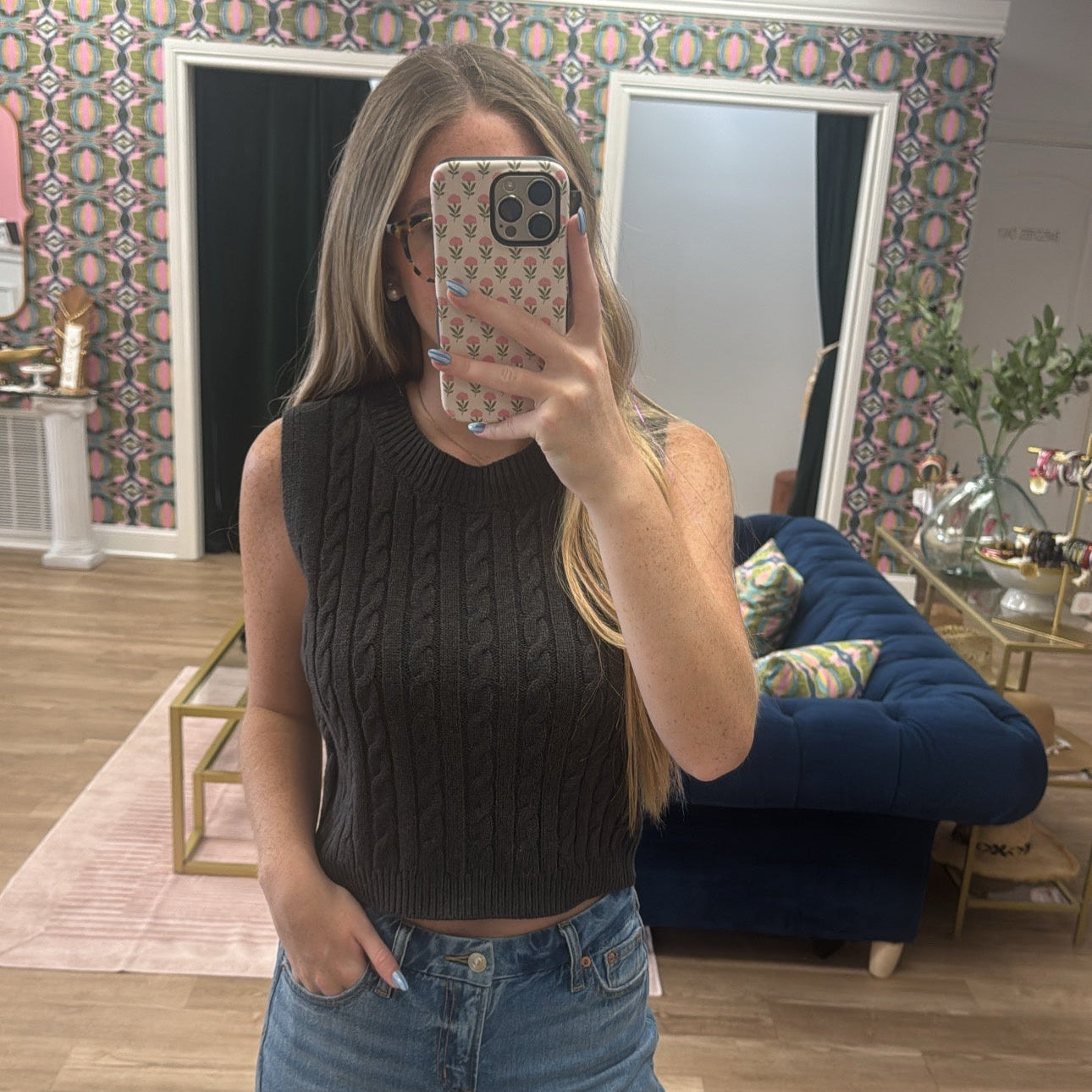 CHARCOAL CABLE KNIT TANK