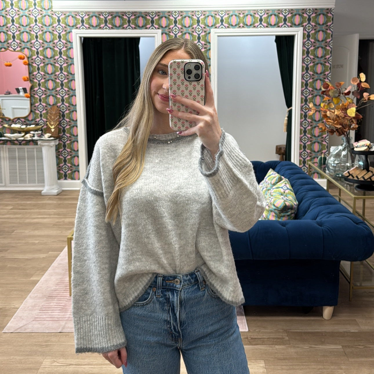 GREY KNIT SWEATER CREW NECK
