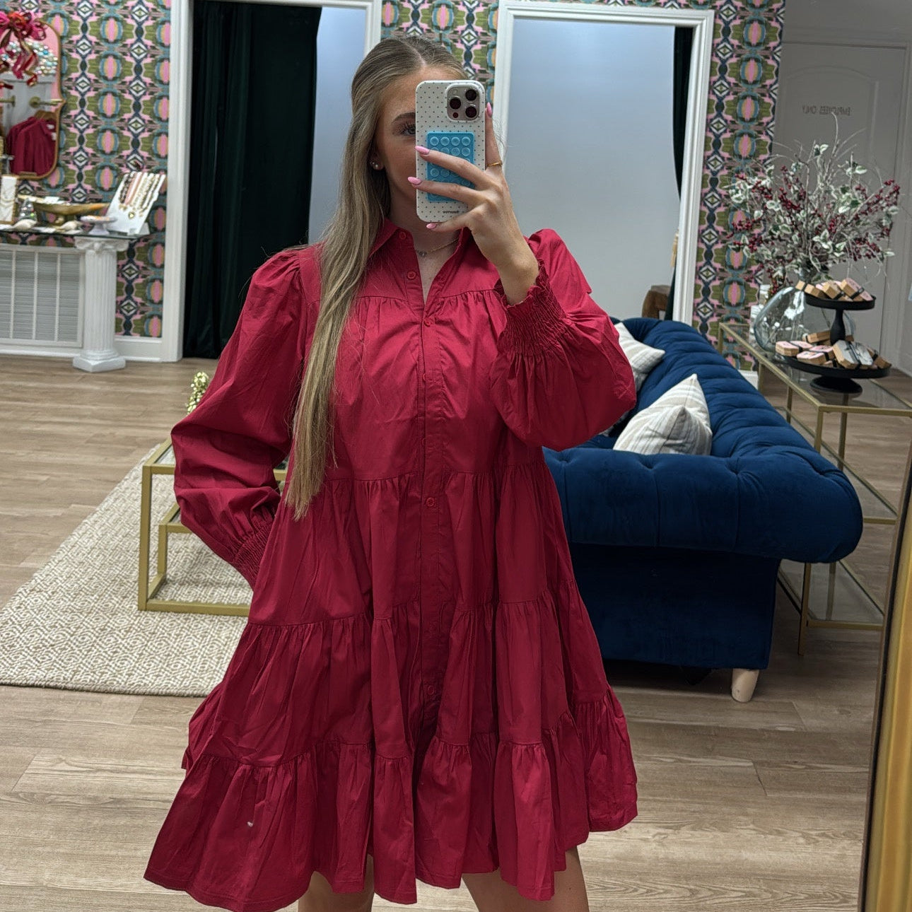 BUTTON DOWN TIERED DRESS IN DARK PINK