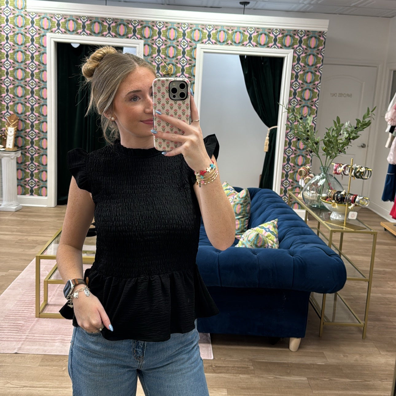 BLACK RUFFLE SHIRRED TOP