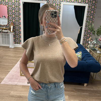 TAUPE RUFFLE SLEEVE SWEATER