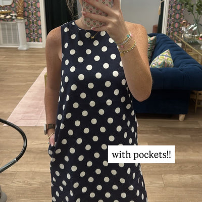 NAVY POLKA DOT MINI DRESS WITH POCKETS