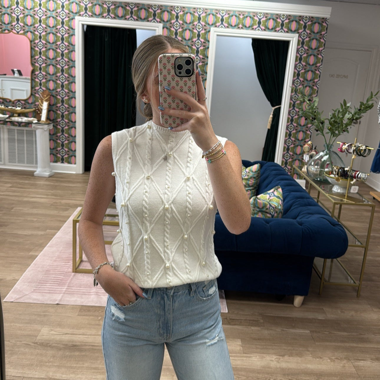 PEARLED KNIT WHITE SWEATER