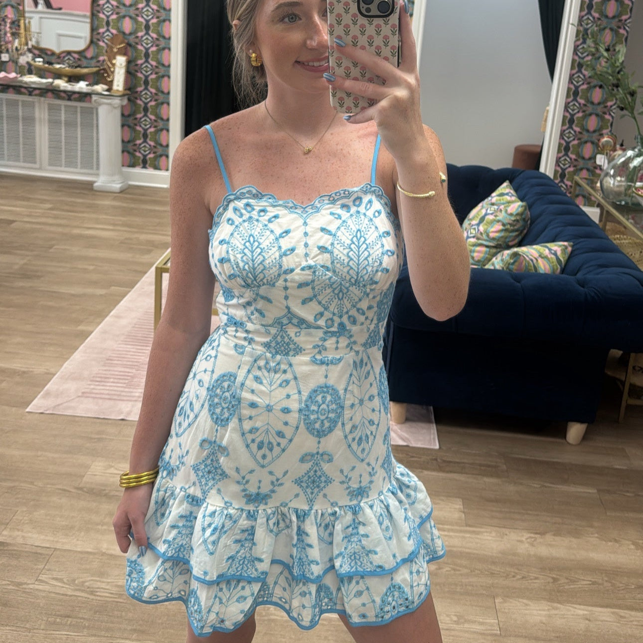 TEAL EMBROIDERED MINI DRESS