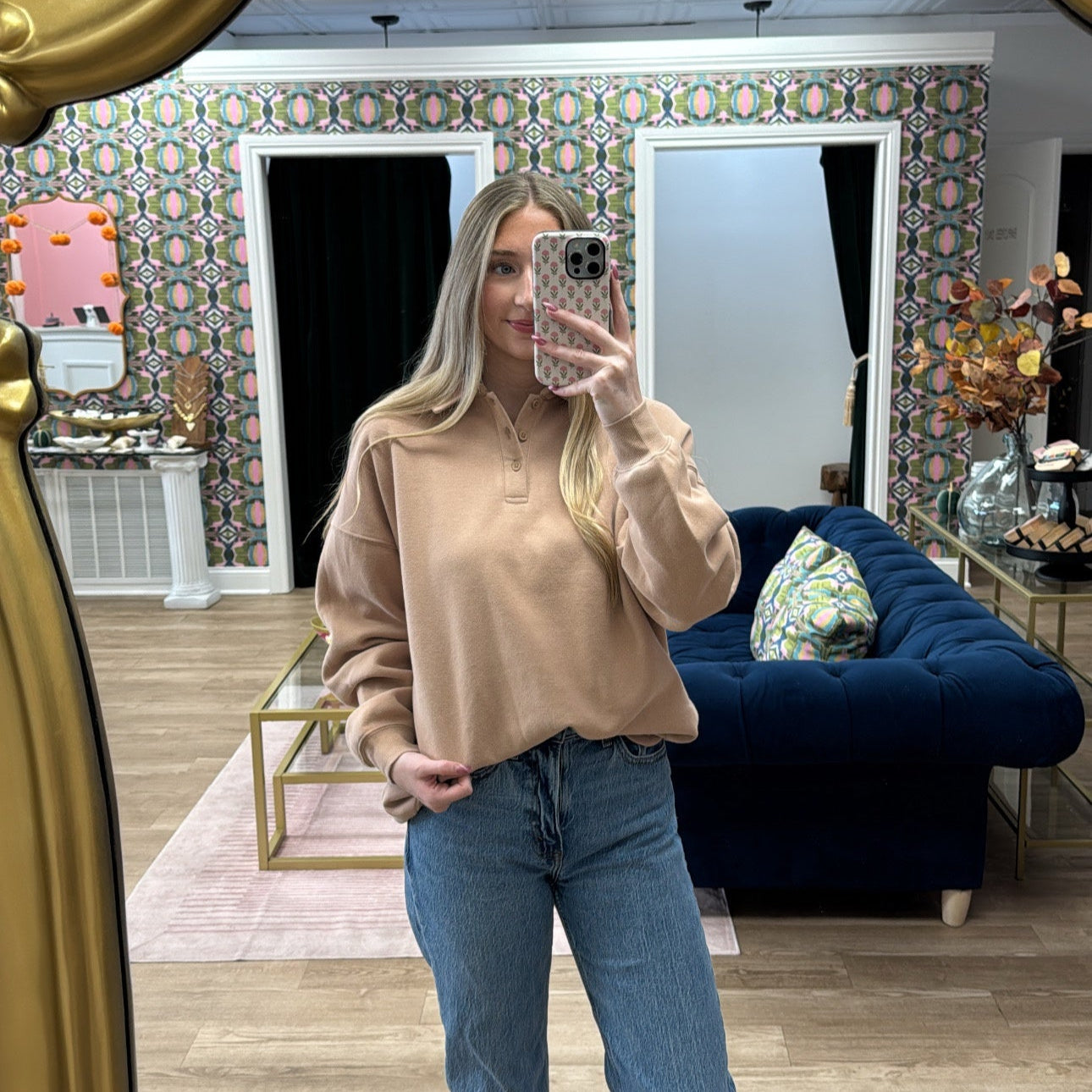 TAUPE HALF BUTTON DOWN PULLOVER