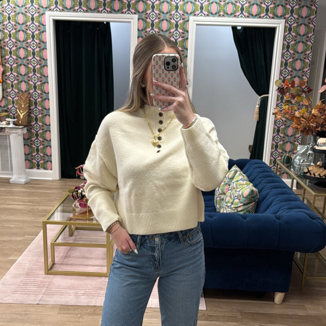 IVORY HALF BUTTON DOWN SWEATER