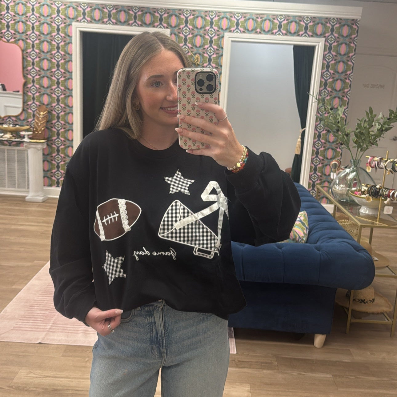 BLACK PATCHWORK GAMEDAY SWEATSHIRT