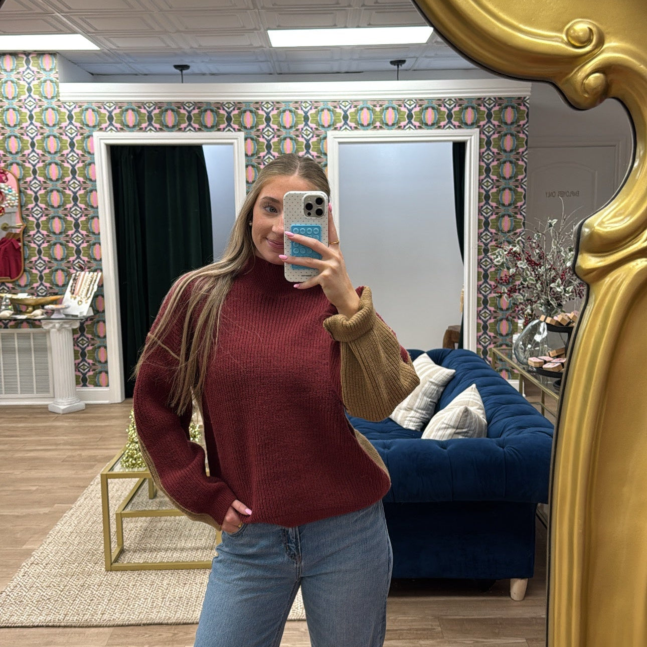 WINE AND CAMEL MOCK NECK SWEATER