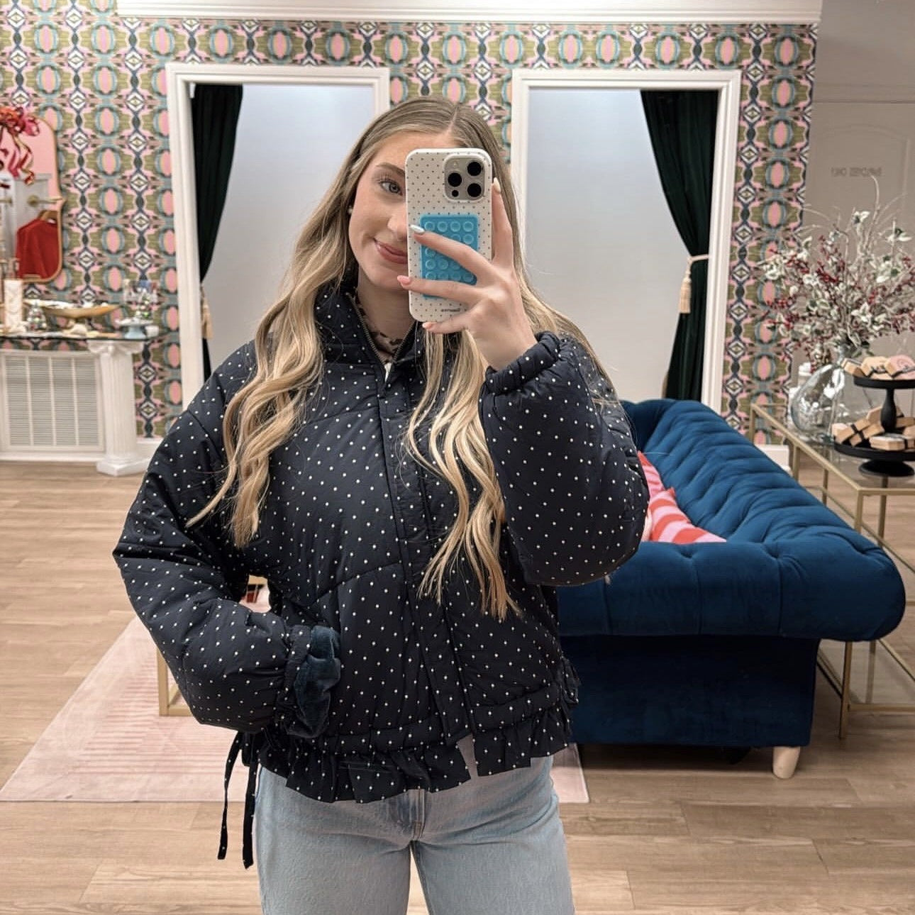 NAVY POLKA DOT PUFF COAT