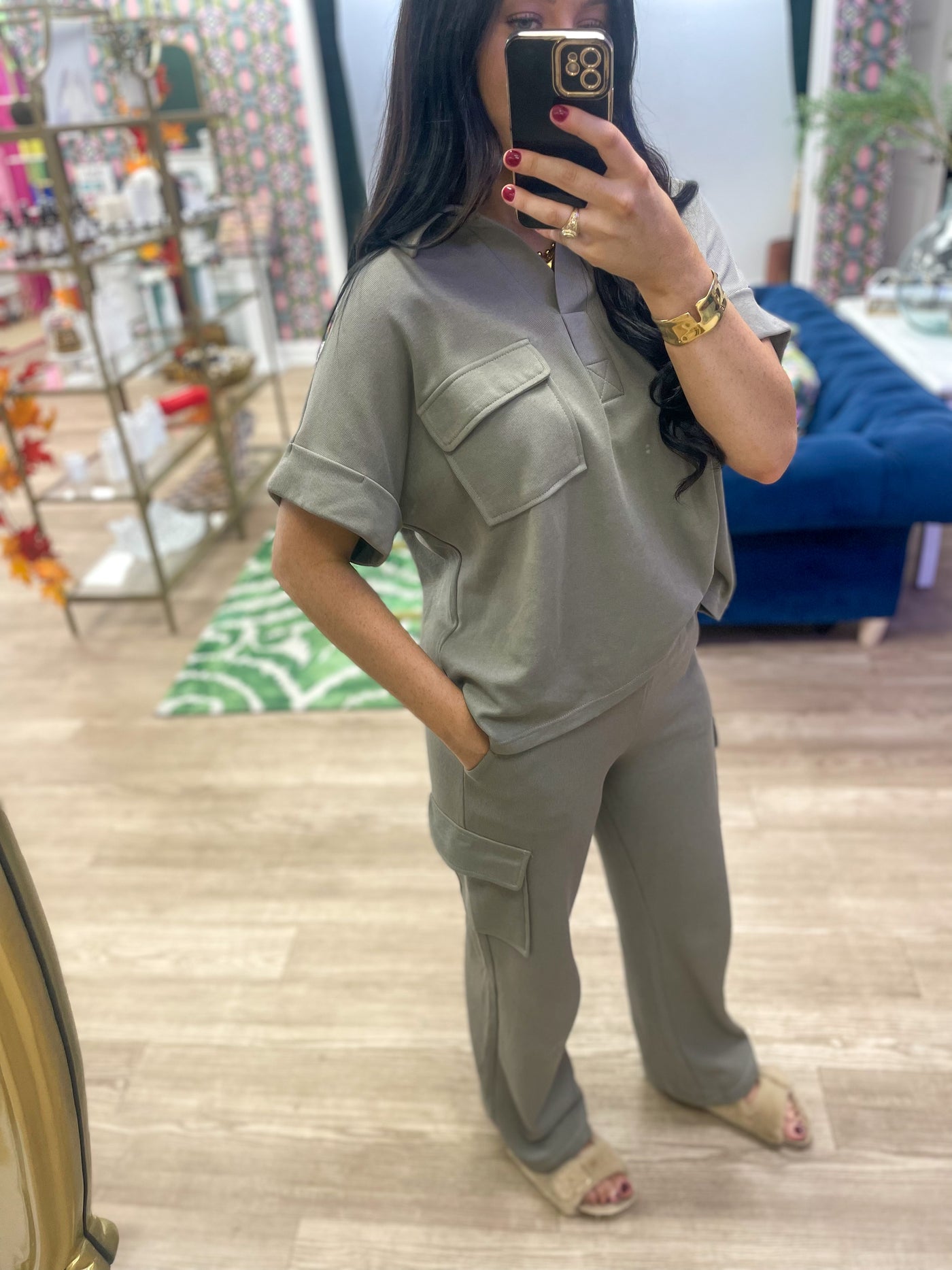 OLIVE GREEN CARGO TOP + PANT SET