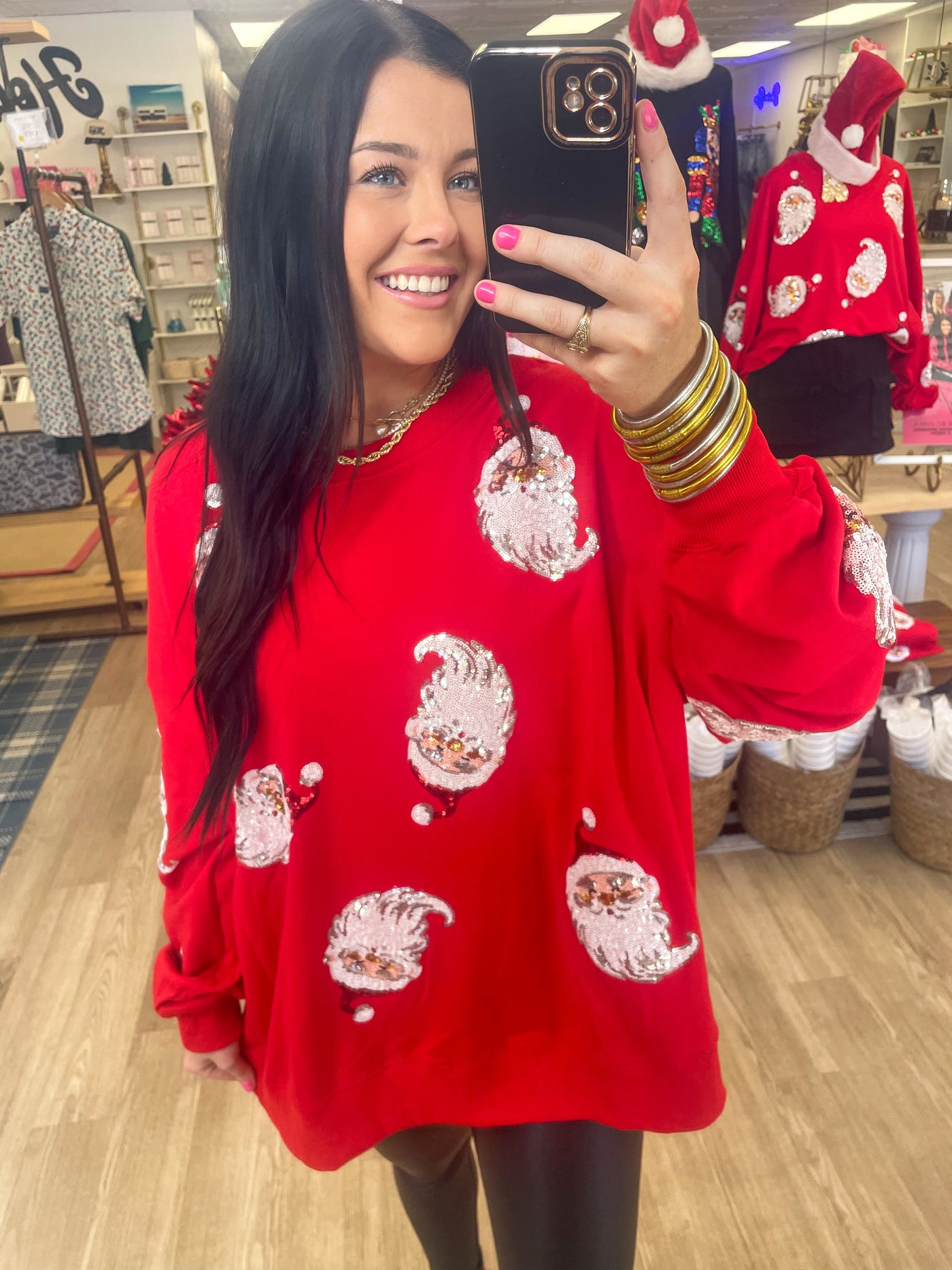 RED PULLOVER W SANTA SEQUINS