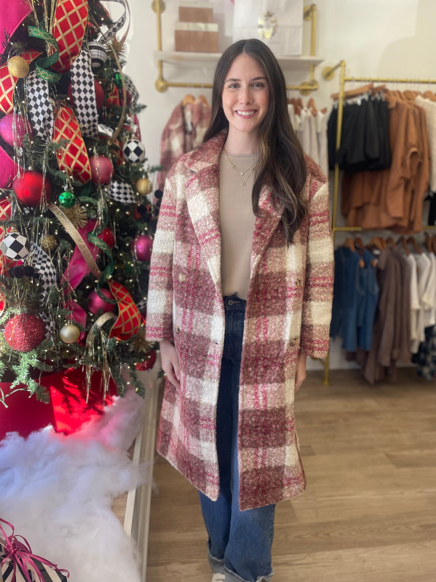 Oversized Plaid Soft Fuzzy Button Down Long Coat ROSE MIX