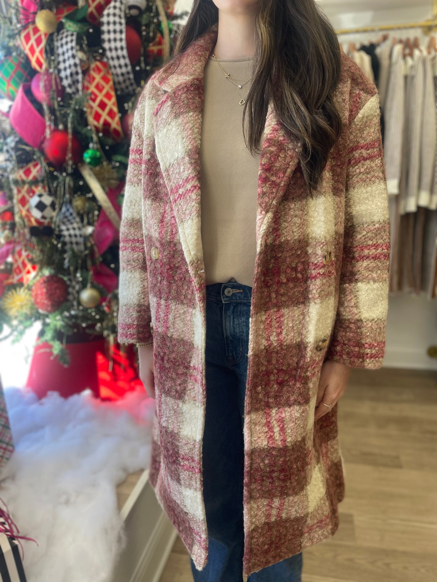 Oversized Plaid Soft Fuzzy Button Down Long Coat ROSE MIX