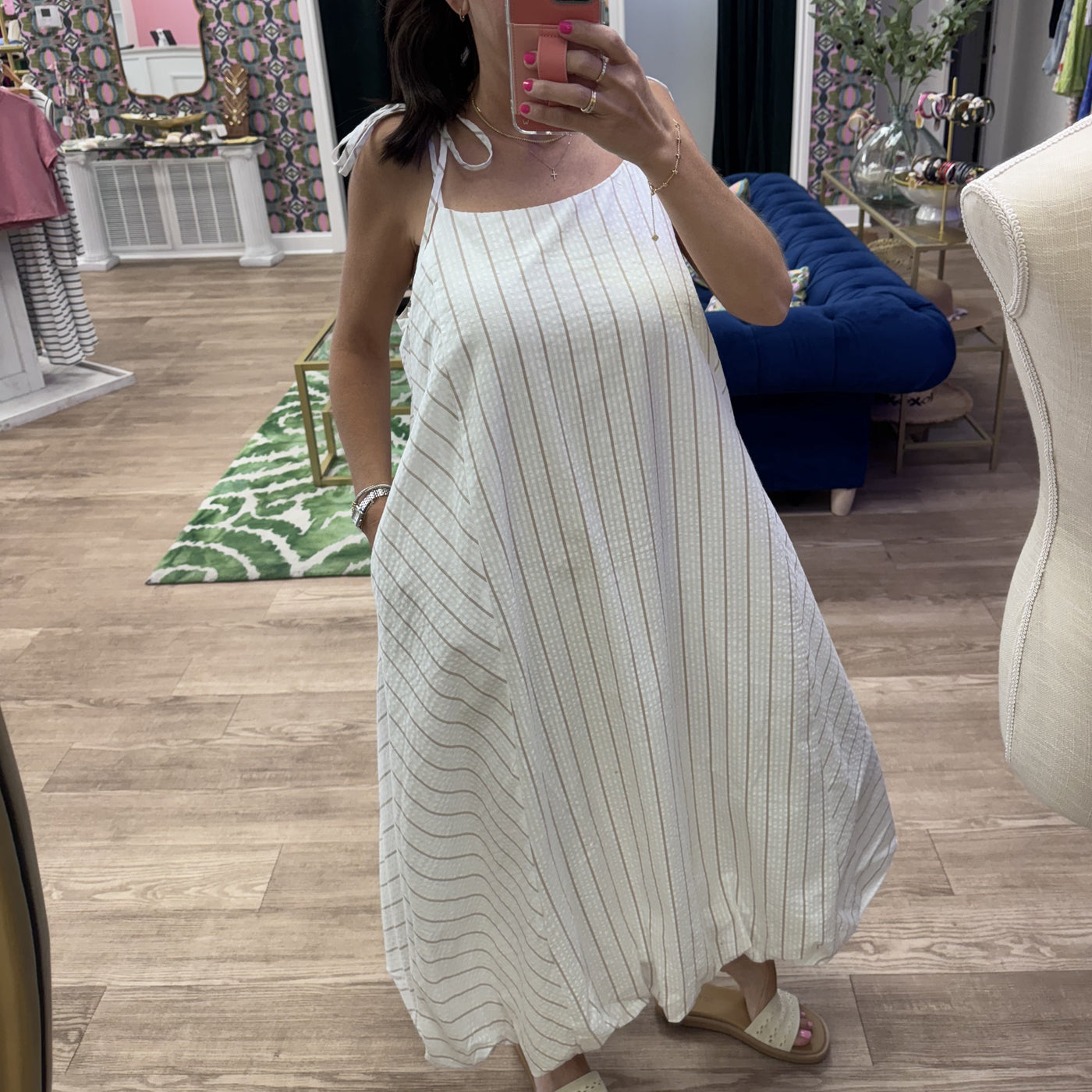 WHITE/TAUPE STRIPED MIDI DRESS