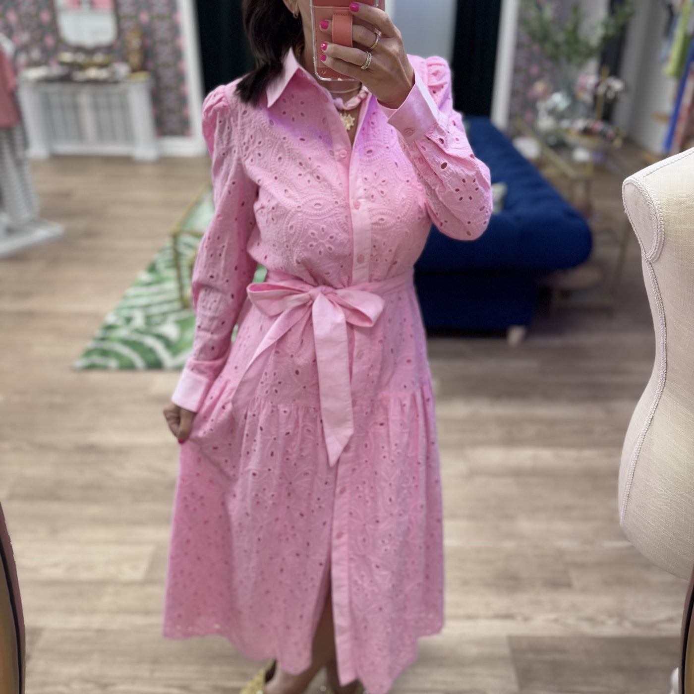 PINK BELTED BUTTON FRONT LACE MIDI DRESS