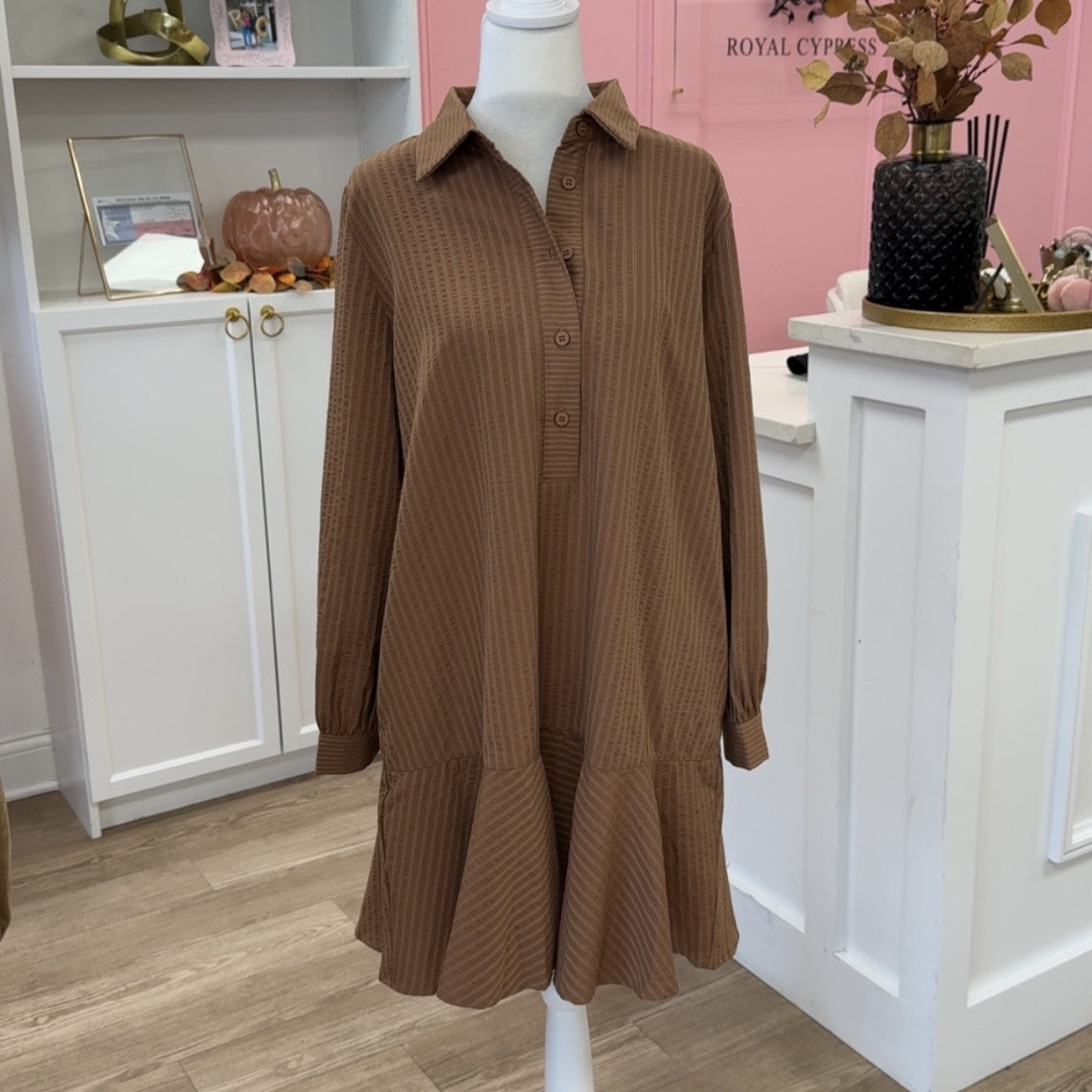 LONG SLEEVE BROWN STRIPED MINI