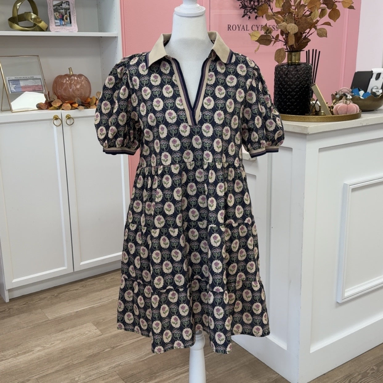 NAVY FLORAL PRINT CASUAL DRESS