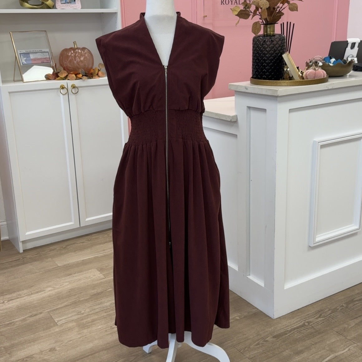 MIDI SMOCKED FRONT ZIP DRESS