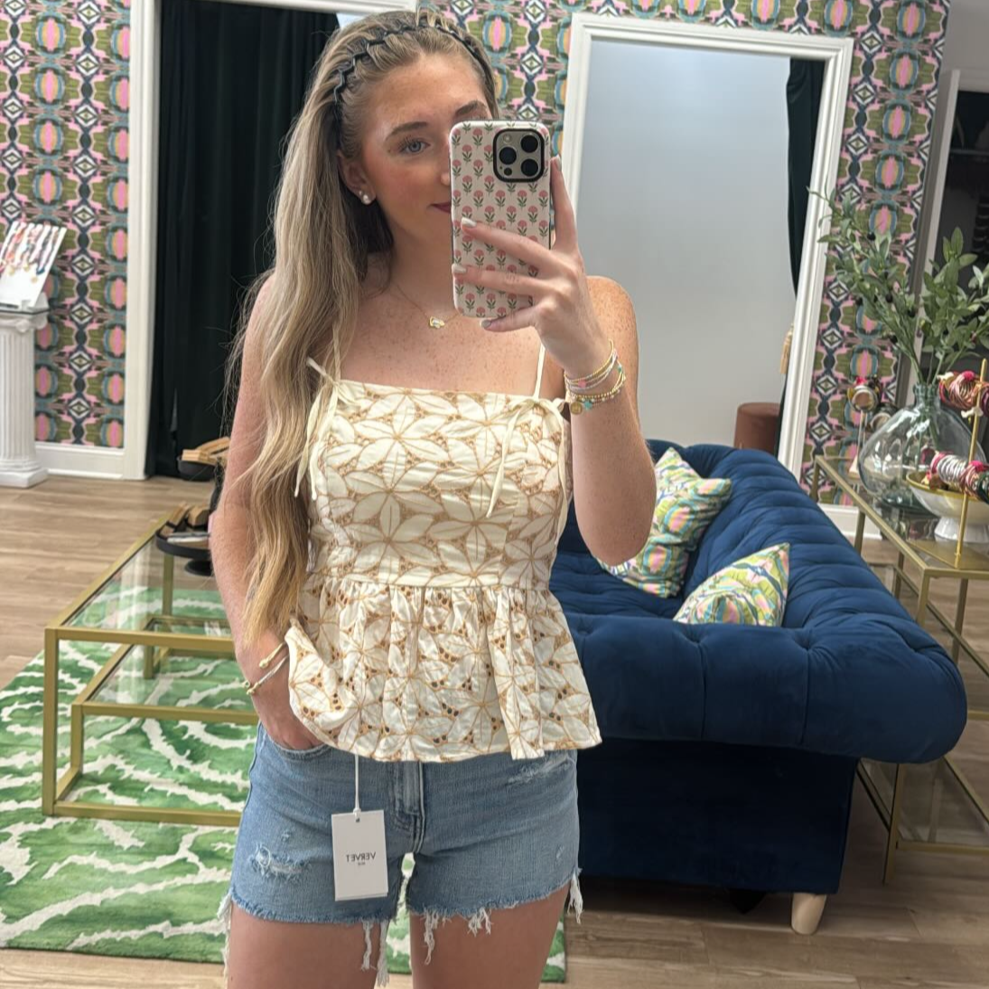 TAUPE FLORAL EYELET TANK