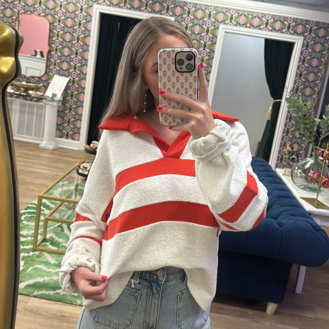 RED STRIPE TERRY CLOTH TOP