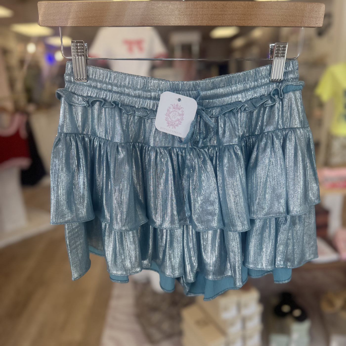 BLUE METALLIC RUFFLE SKORT