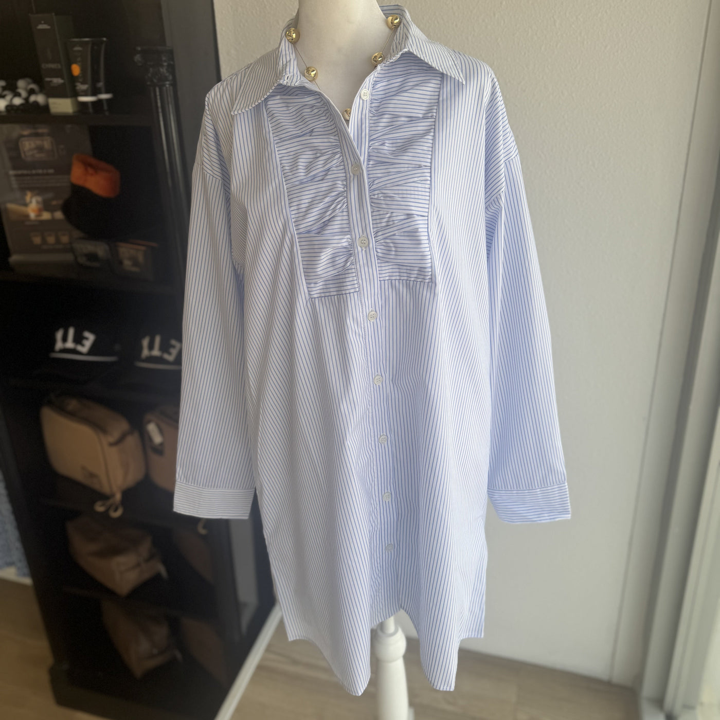 BLUE STRIPED MINI SHIRT DRESS